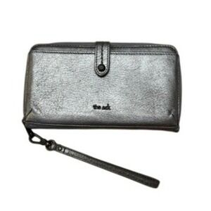 The Sak Metallic Silver Zip Around Wristlet Wallet Clutch